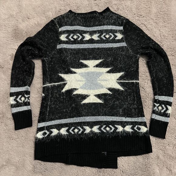 BCBG Cardigan Sweater Top Aztec Knit Open Drape Front Black Silver Long Sleeve S - Picture 6 of 7